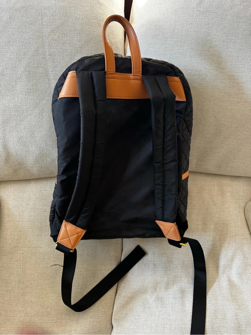 Adrienne Vittadini Black Quilted Backpack with Tan Accents
